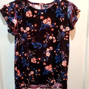 A.N.A Velvet Floral Blouse Size Petite Small Round Neck Ruffle Sleeves